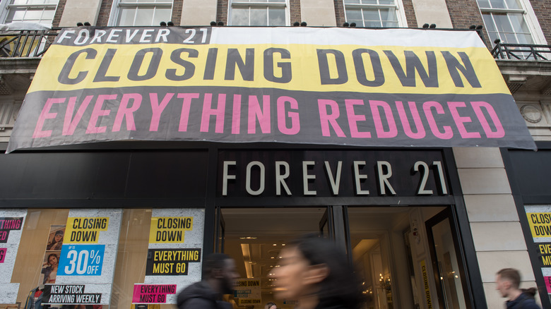 A general view of a Forever 21 fashion retail outlet displaying a closing down