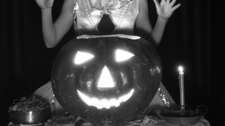 Vintage black and white photo of a jack o' lantern.