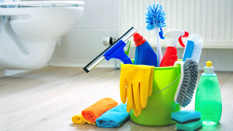 bucket of cleaning supplies
