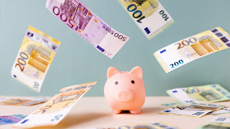 Piggy bank sourrounded by cash.