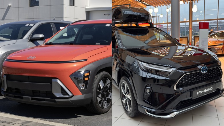 Side-by-side shots of an orange Hyundai Kona Electric and a black Toyota RAV4 Hybrid