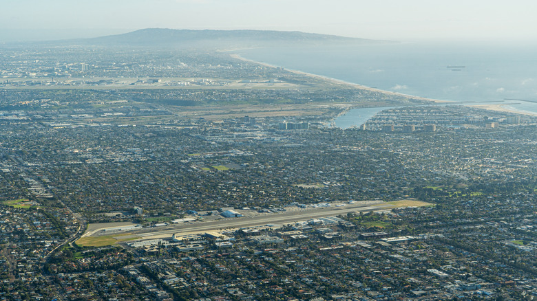 An aerial view of Santa Monica airport and surrounding area, including Marina del Rey