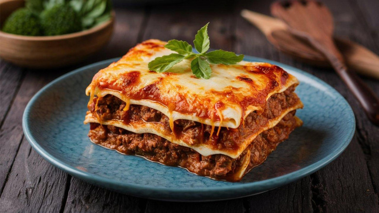 Baked Italian lasagna on a blue plate and topped with leaves