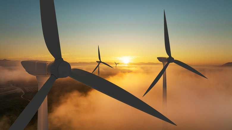 Wind turbines twirl in misty sunrise light