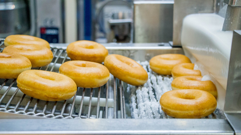 Plain donuts on a conveyor belt enter a froster