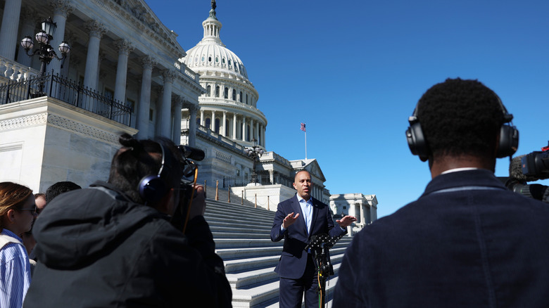 Minority leader Hakeem Jeffries giving an update on the government shutdown outside the Capitol Building