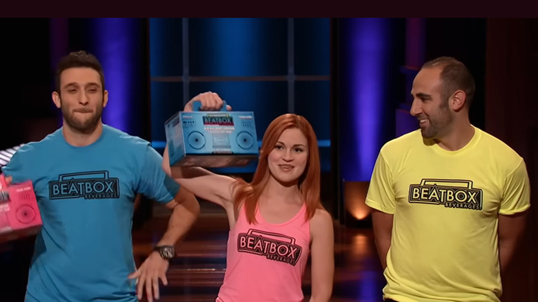 Brad Schultz, Aimy Steadman, and Justin Fenchel presenting the original large BeatBox products on Shark Tank