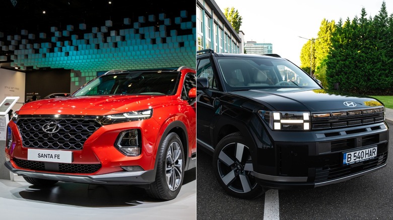 Side-by-side comparison of two Hyundai Santa Fe SUVs: a red older-generation model displayed indoors and a black newer-generation model parked outside