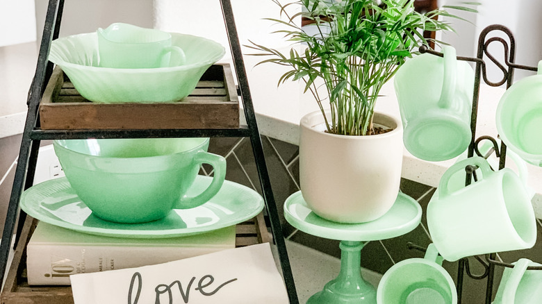 Jadeite dishes and glasses on display