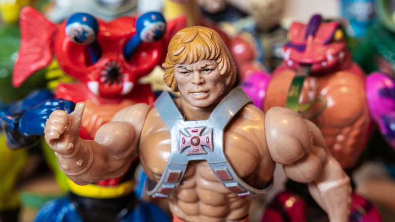 Masters of the Universe action figure toys on display at a fair in New York City.