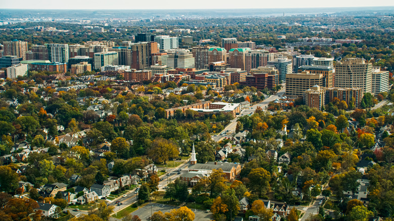 Overhead shot of Arlington, Virginia on a hazy afternoon in Fall.