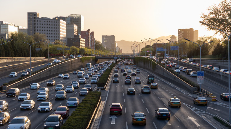 Heavy traffic in highway.
