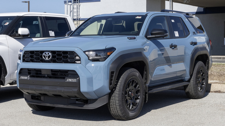 A blue 2026 Toyota 4Runner on display outside of a dealership