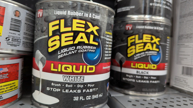 Tubs of Flex Seal product stacked together on a store shelf
