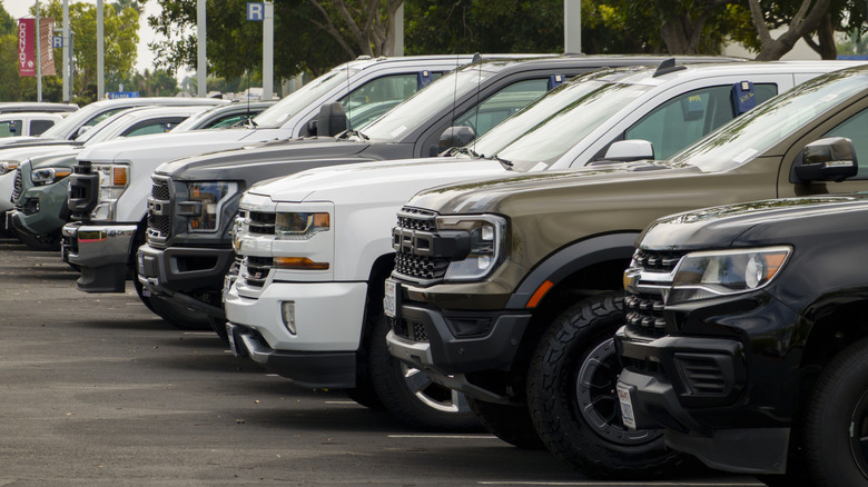 A row of pickup trucks lined up on a lot.