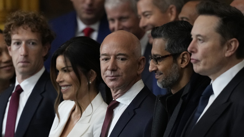CEOs Mark Zuckerberg, Jeff Bezos, Sundar Pichai, and Elon Musk stand beside Lauren Sanchez at Donald Trump's inauguration