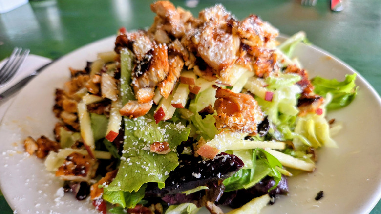 A fresh garden salad with sliced chicken and apples
