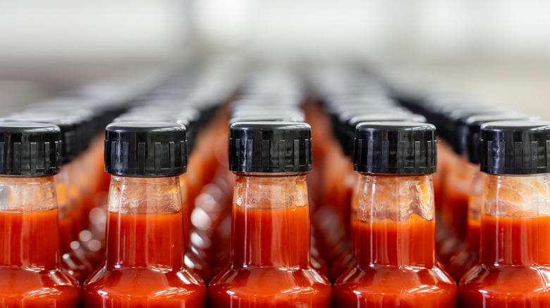 Close-up shot of bottles filled with a red sauce lined up in a row