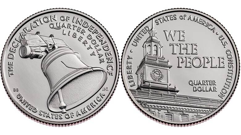 Close ups of the Declaration of Independence quarter and  the Constitution Quarter