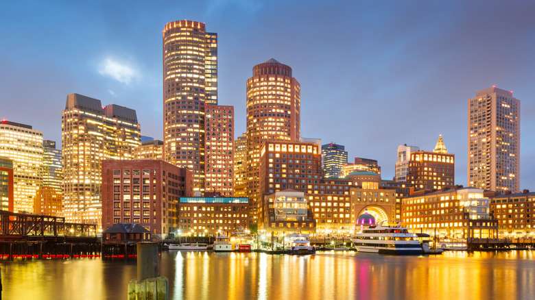 Downtown Boston skyline at sunset