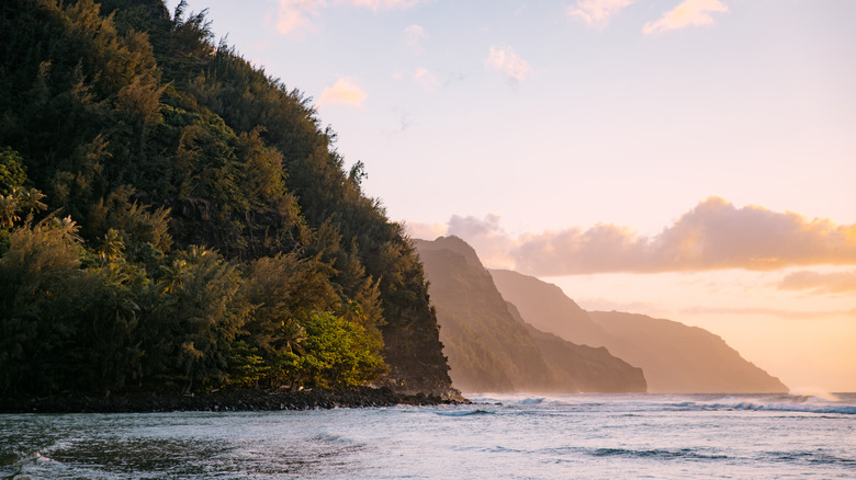 Aerial view outdoor mountain and beach scenery near Kauai, Hawaii