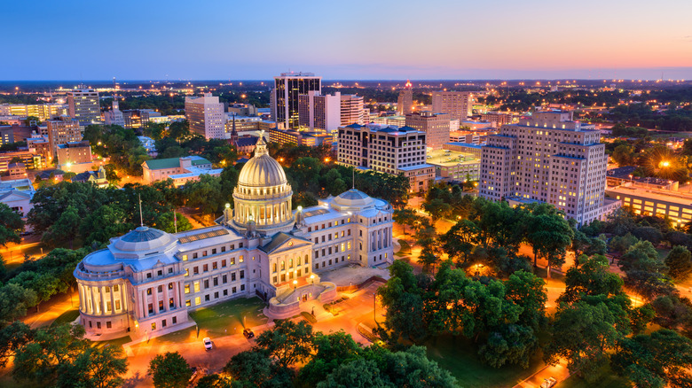 An aerial view of the Jackson, Mississippi, USA skyline over the Capitol Building.