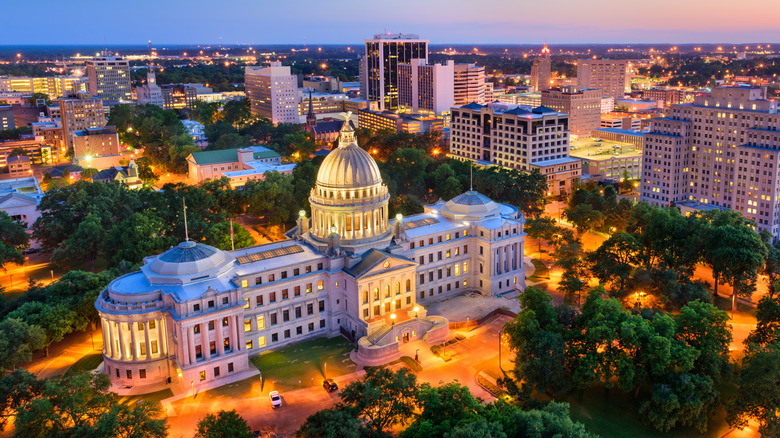 Aerial shot of Jackson, Mississipi over capitol building