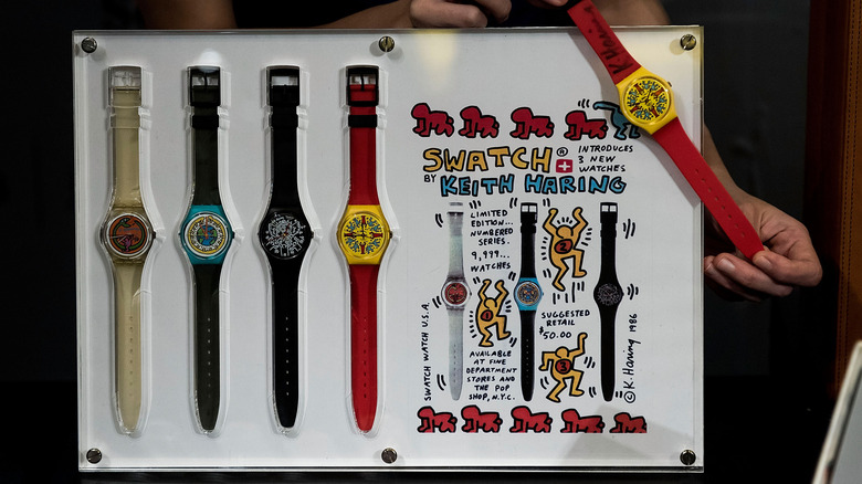 A Keith Haring swatch watch collection on display during an auction