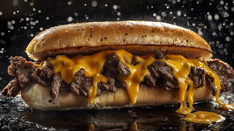A meaty, cheesy Philly cheesesteak on a bun, in photograph full of sizzling bubbles and black background