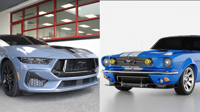 Side-by-side comparison of a modern light-blue Ford Mustang parked outside a dealership and a blue classic 1960s Ford Mustang with white racing stripes shown in a studio setting
