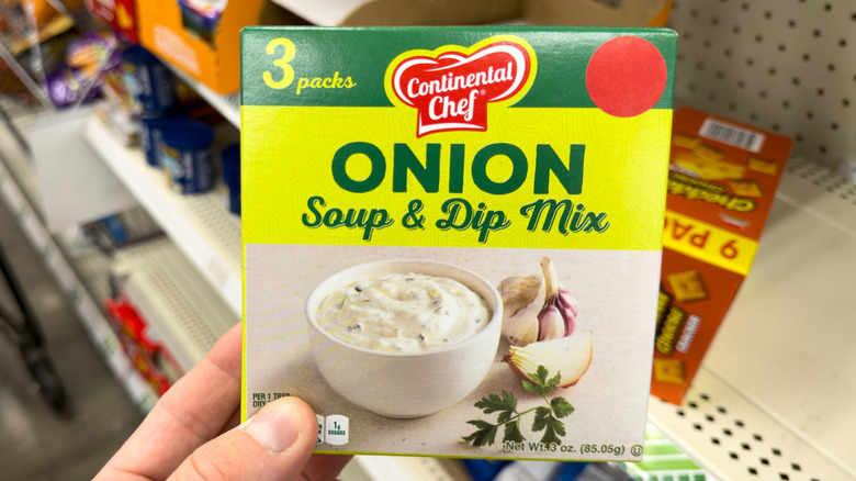 an onion soup package at Dollar Tree with red sticker in the top corner