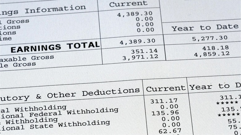 Close-up of employee pay stub