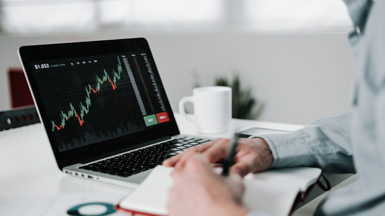 Person looking at investment account growth on a laptop.