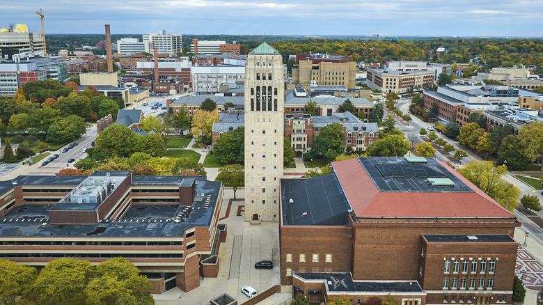 overhead shot of Ann Arbor Michigan in the fall