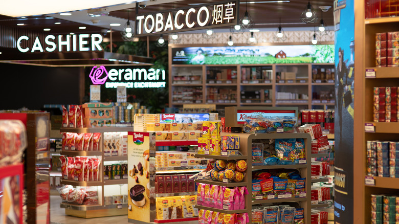 Shelves displayed inside the duty-free store at Kuala Lumpur International Airport.