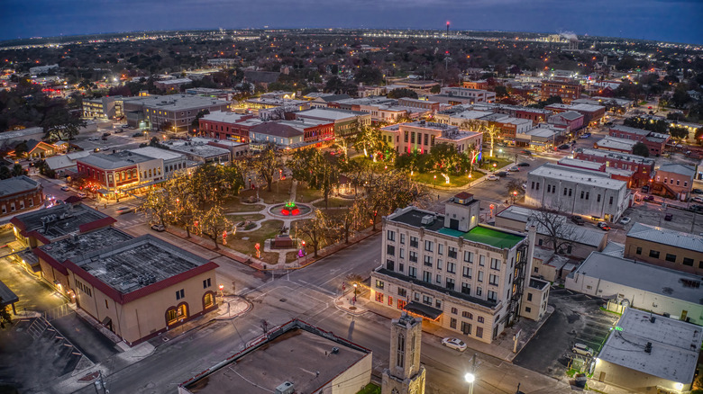 Aerial View of Seguin, Texas at Dusk during the Winter Holiday Season