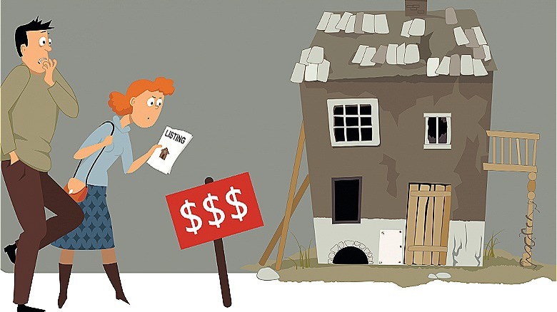 Cartoon couple viewing overpriced home