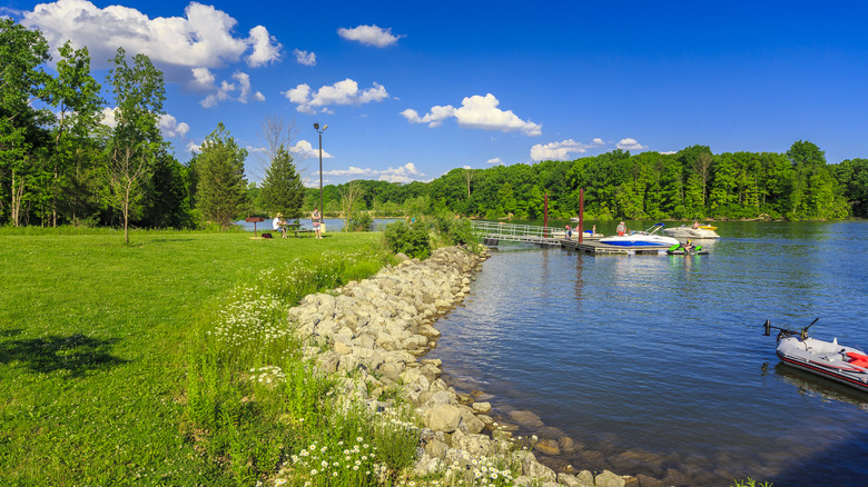 A creek in Ohio with green grass and clear water