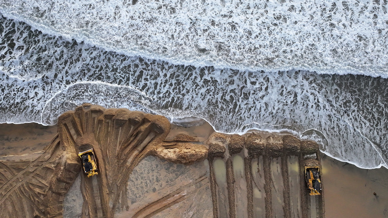 overhead view of a sand replenishment project in California