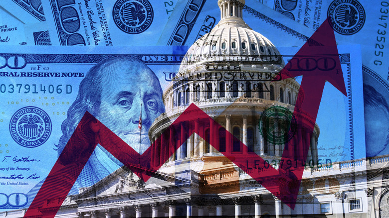 arrow, $100 bills, and the Capitol Building