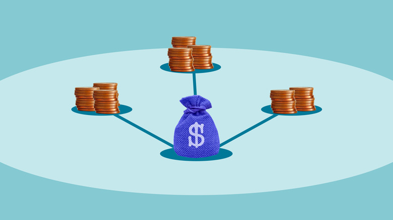 Piles of coins with lines connected to a money bag