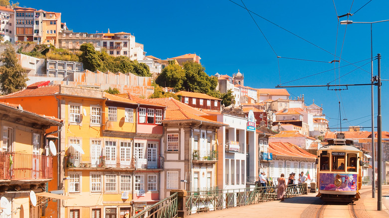 A view of a street with the typical Portuguese facades in this area of Alfandega. Located along the Douro river estuary in Northern Portugal,
