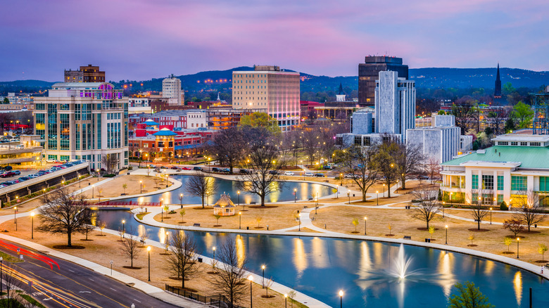 The downtown area of Huntsville, Alabama at twilight