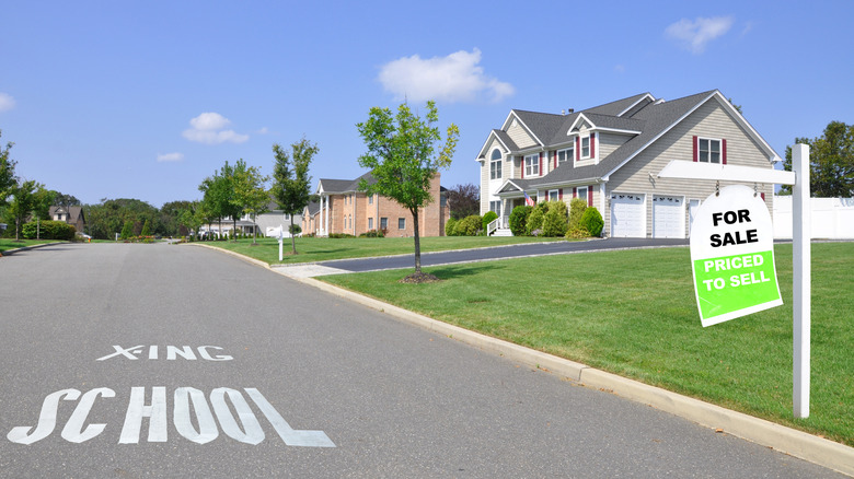 An upper-class neighborhood street with a "For Sale" sign and homes on one side and "School Xing" painted on the road.