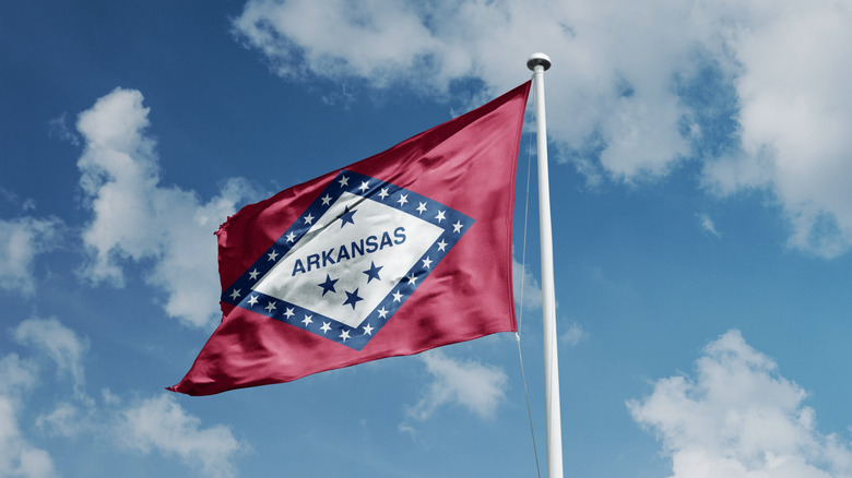 Arkansas state flag waving against a blue sky.
