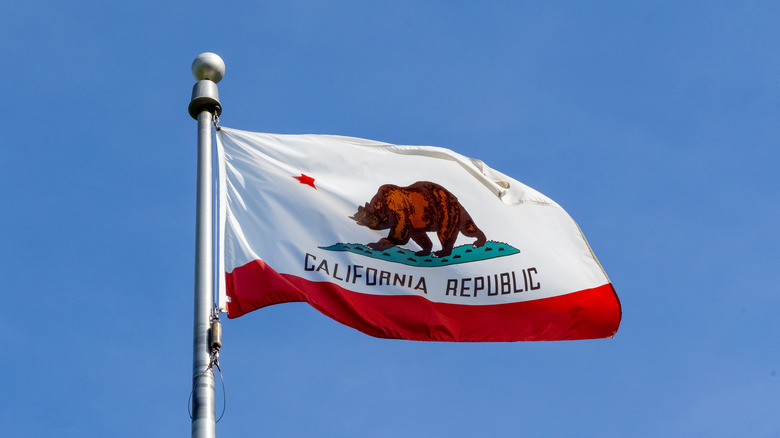 California state flag waving with a blue-sky background.