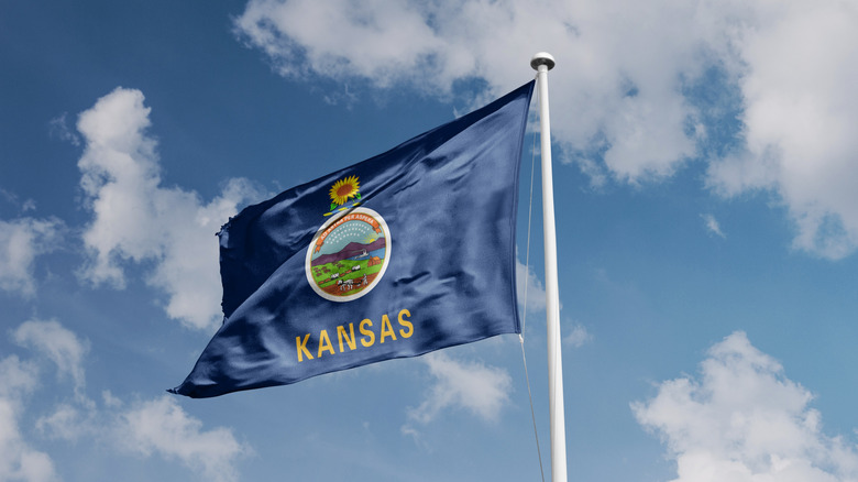 Kansas state flag waving with a blue-sky background.