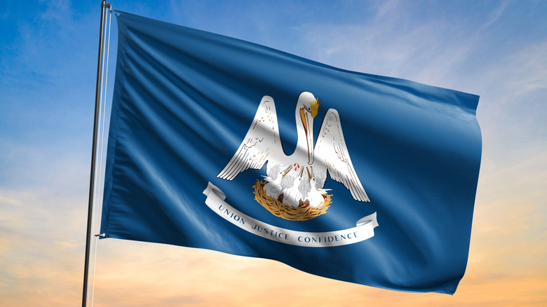 Flag of Louisiana waving flag on sunset view.