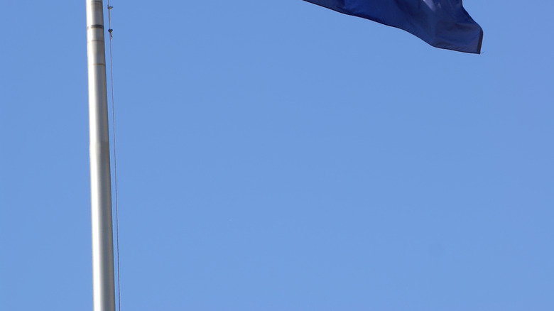New York state flag waving with a blue-sky background.