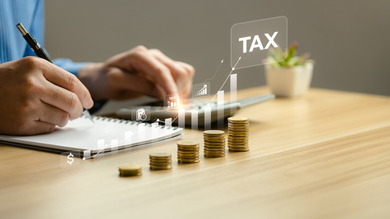 Tax payment planning with a calculator and coins symbolizing investments